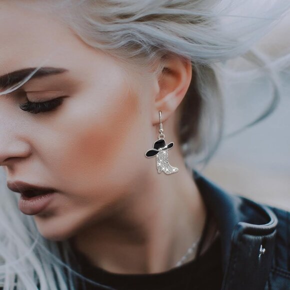 Rhinestone Western Boots Earrings Cowgirl Cowboy Enamel Hat Bohemian Rodeo Boot - Picture 2 of 7